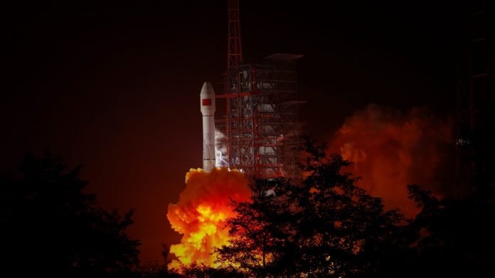 A Long March-3B carrier rocket carrying the Zhongxing-1D satellite blasts off from the Xichang Satellite Launch Center in southwest China's Sichuan Province, Nov. 27 , 2021. (Photo by Bai Xiaofei/Xinhua/IANS)