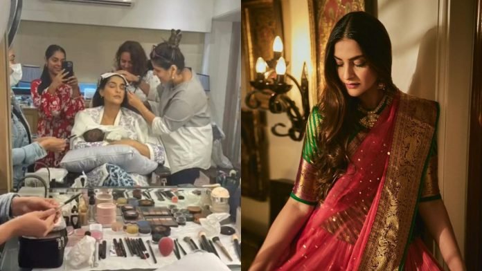 Sonam-nurses-son-Vayu-while-getting-her-Karwa-Chauth-makeup-done
